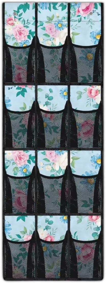 Blue Floral Over the Door Hanging Organizer for Closet - Heavy Duty Large Storage Bags with Metal Hooks, Space Saving Home Organization