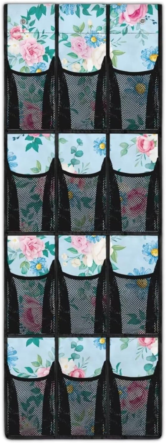 Blue Floral Over the Door Hanging Organizer for Closet - Heavy Duty Large Storage Bags with Metal Hooks, Space Saving Home Organization