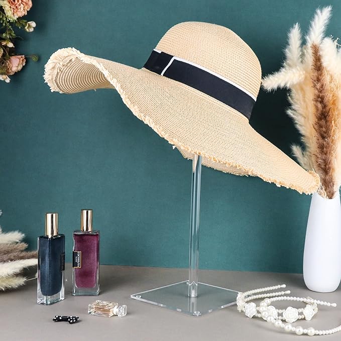 Acrylic Hat Stand and Wig Display Rack, 2pcs 17" Clear Hat Stands for Display, Adjustable Height Hat Holder, Square Barbell Base Display, Hat Rack Stand for Display Jewelry Watch Helmets