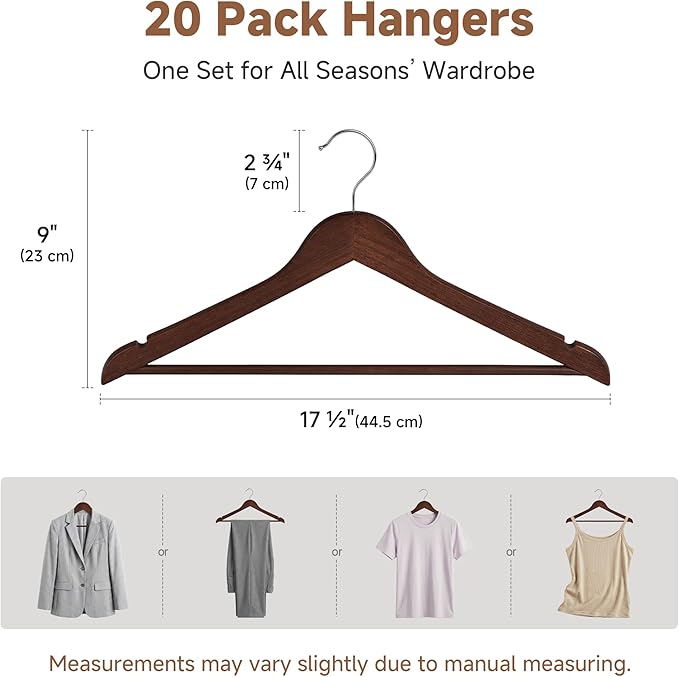 StorageWorks Wooden Hangers 20 Pack, Wood Coat Hangers for Closet, Heavy Duty Clothes Hangers for Suits, Shirts, Pants, Jackets, Walnut Color