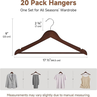 StorageWorks Wooden Hangers 20 Pack, Wood Coat Hangers for Closet, Heavy Duty Clothes Hangers for Suits, Shirts, Pants, Jackets, Walnut Color