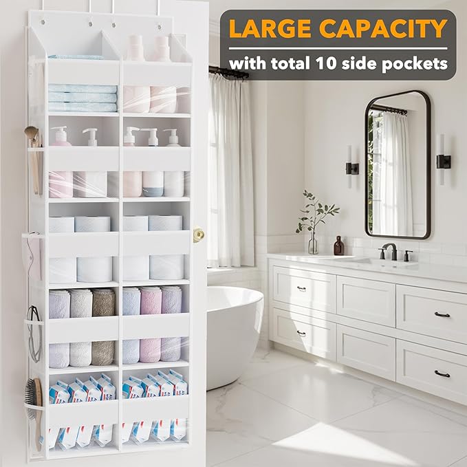 SpaceAid Extra Large Over The Door Organizer with 10 Large Pockets and 10 Mesh Side Pockets, 5 Layers Door Organizer Hanging with Clear Window for Bedroom, Bathroom, Pantry and Nursery, White