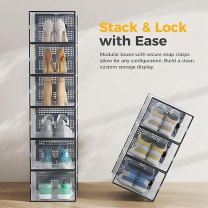 Sweetcrispy Shoe Storage Boxes, Clear Plastic Stackable Shoe Organizer with Lids for Closet, Foldable Shoe Rack Sneaker Container, Under Bed and Entryway, 15 Pack, Black