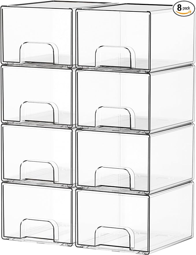 Yieach 8 Pack Small Stackable Storage Bins,Clear Acrylic Drawer Boxes,Medicine Cabinet Organizer,Plastic Containers for Organizing Vanity,Undersink,Pantry,Bathroom Makeup Organizer,Home Organization