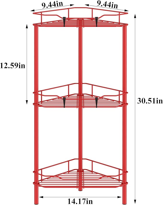 HuggieGems 3 Tier Floor Standing Corner Shower Caddy Organizer Shelf with Hooks, Bathroom Shelves Stand Rack, Red