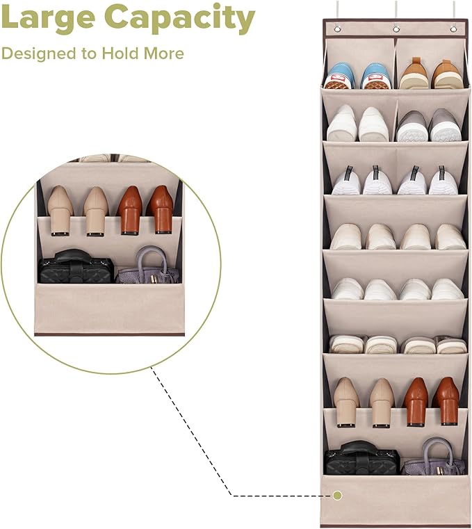 Door Shoe Organizer with 10 Extra Large Pockets, 23 Pairs Shoes Large Capacity Hanging Storage Organizer for Shoes, Diapers, Beige, 8 Layers, 4-Pack