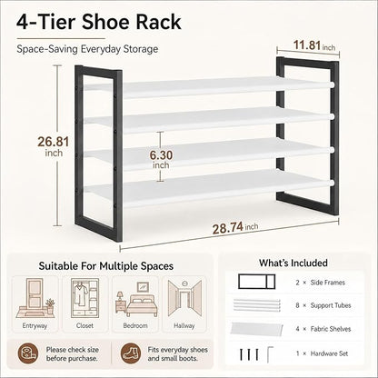 4-Tier Shoe Rack for Closet & Entryway, Stackable Shoe Organizer with Screw-Fastened Metal Frame, Less Wobble Design, Heel-Friendly Non-Woven Shelves, 11.8" Deep Space-Saving Shoe Storage Black
