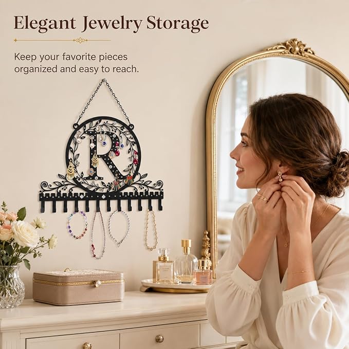Wall-Mounted Metal Initial Letter R Earring Holder Hanging Jewelry Organizer for Earrings and Necklaces Space-Saving Wall Display with Hooks for Jewelry Storage