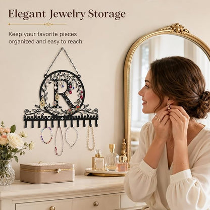 Wall-Mounted Metal Initial Letter R Earring Holder Hanging Jewelry Organizer for Earrings and Necklaces Space-Saving Wall Display with Hooks for Jewelry Storage