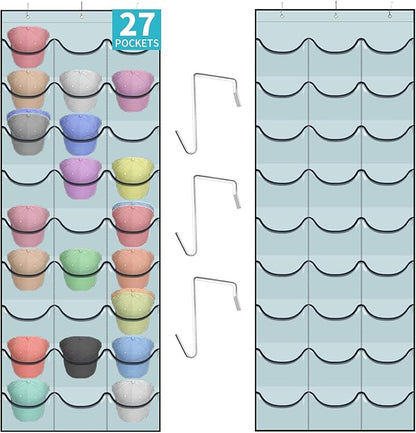 Hat Rack for Baseball Caps, 27 Pockets Over The Door Baseball Hat Organizer, Fitted Hat Storage for Closet Wall Mount Bag With Large Pockets & 3 Hooks, Hat Holder Hanger Organization to Display Caps