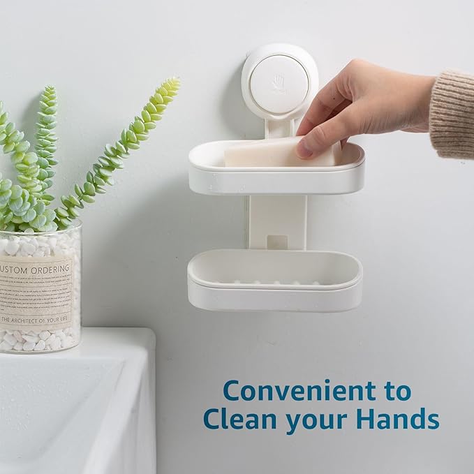 HOME&I Suction Cup Soap Dish Holder – Strong Vacuum Suction, Waterproof, Self-Draining Soap Dish for Shower, Bathroom, Kitchen Sink – No Drilling, Reusable (White)