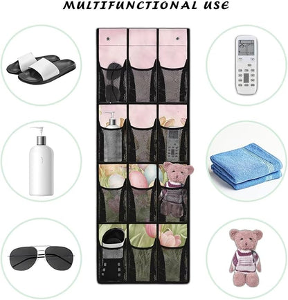 Door Hanging Organizer, Spring Tulip Bunny Over the Door Shoe Rack 12-Pocket Heavy Duty Space Saving Door Hanging Storage Bag for Bathroom Bedroom Small Spaces Easter Gifts