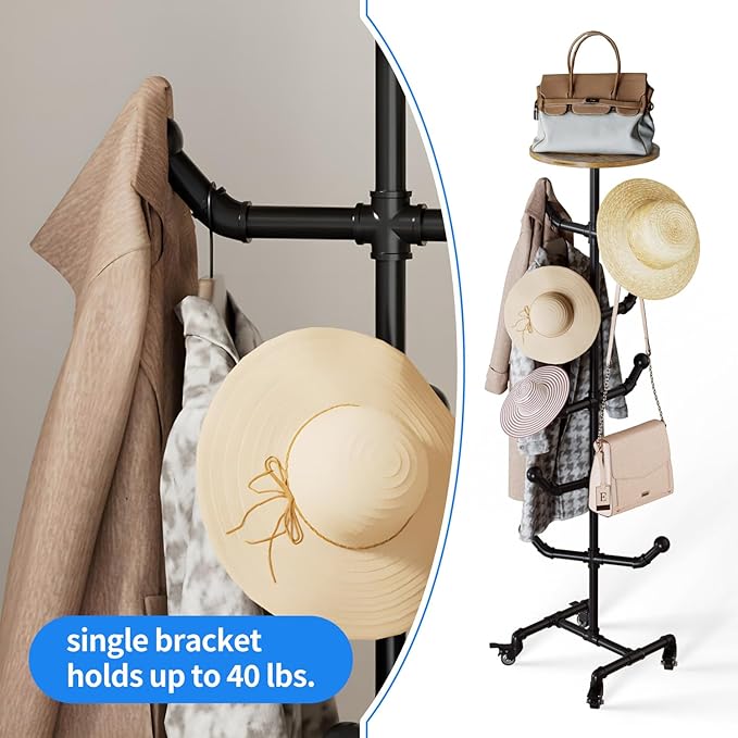 uyoyous Industrial Standing Hat Rack, Heavy Duty Metal Pipe Hat Display Stand with Wheels, Freestanding Rolling Hat Organizer Tree for Cowboy Hats & Caps, 10 Hanger Hooks for Bedroom Entryway