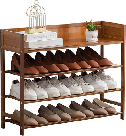 SOBIBO 4 Tier Shoe Rack Organizer, 4 Tire Bamboo Stackable Shoe Shelf Storage Organizer, for Entryway, Hallway, and Closet (Brown)