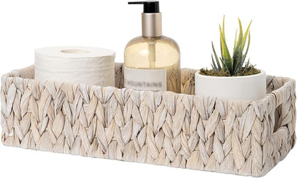StorageWorks Wicker Toilet Paper Basket for Back of Toilet Baskets, Water Hyacinth Bathroom Basket Organizer and Storage for Tank Topper, Small Tank Trays for Decor with Built-in Handles, White