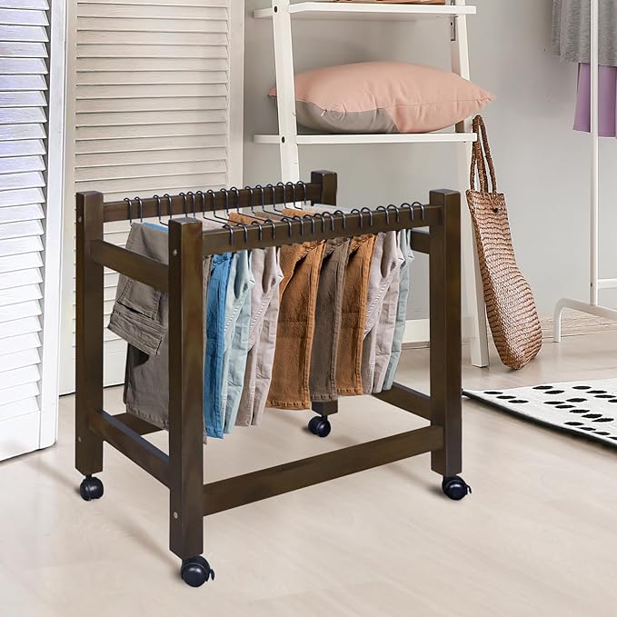 Wooden Rolling Pants Trolley with 16 Hangers