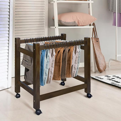 Wooden Rolling Pants Trolley with 16 Hangers