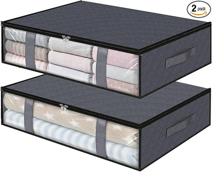 StorageRight Under Bed Storage Bags 2 Pack, 40L Large Clothes & Comforter Storage Containers with Clear Window, Breathable Fabric Organizer for Blankets, Bedding, Seasonal Clothing, Grey