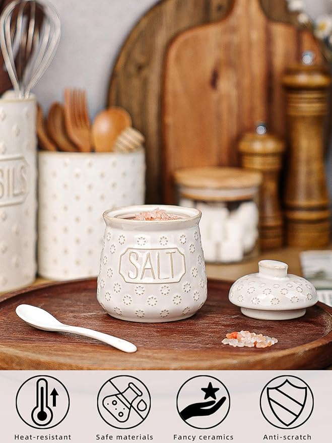 Salt & Pepper Bowl with Lid and Spoon, 10 OZ Ceramic Spices Cellar for Kitchen Counter top, Farmhouse Kitchen Decor (Vintage White, 4.3" Label Salt)