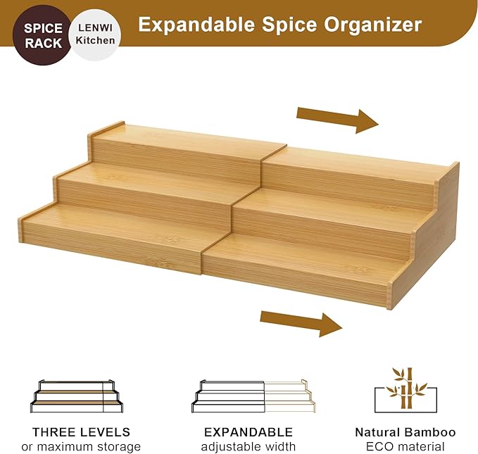 Lenwi Spice Rack Organizer for Cabinet, 3 Tier Expandable Bamboo Spice Storage for Kitchen Cupboard Pantry