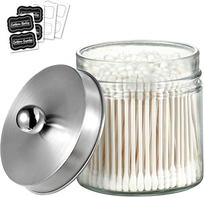 SheeChung Bathroom Organizers and Storage - 1Pack Qtip Holders Bathroom Canister Apothecary Jars for Cotton Swabs, Rounds, Balls, Qtips,Makeup Sponges, Flossers,Bath Salts - Brushed Nickel
