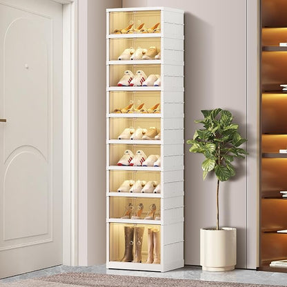 CIMLORD 9-Tier Foldable Shoe Rack Organizer for Closet 18Pairs Plastic Shoe Shelf Collapsible Shoes Storage Box Clear Shoe Boxes Stackable with Door Easy Assembly Shoe Cabinet with Lids Large