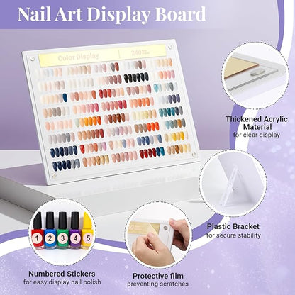 Segbeauty 240 Colors Large Nail Art Display Board Set, Acrylic Fingernail Color Showing Shelf for Displaying and Practice, Nails Stand with False Nail Tips Double Sided Tape Tweezers and Number Labels