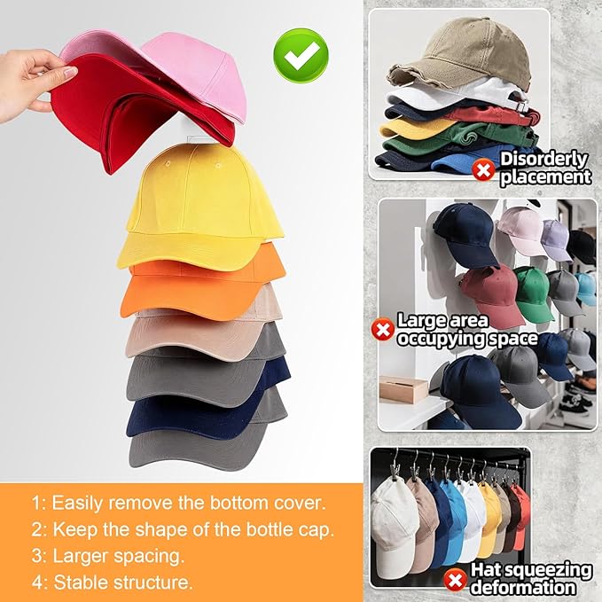 Vocanoe Hat Organizer for Baseball Caps, 2 Pack Hat Rack for Wall Strong Adhesive Hold up to 16 Hats, Multilayer Hat Storage Holder, Wall Mounted Cap Racks for Closet Door and Bedroom (White-2pack)