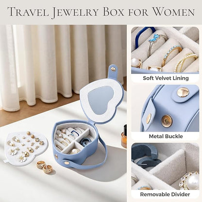 CASEGRACE Small Travel Jewelry Case, Elegant Heart Shaped Design with Detachable Handle,Portable Jewelry Organizer Box for Necklace Rings Earrings,Jewelry Storage for Women Girls (Blue)