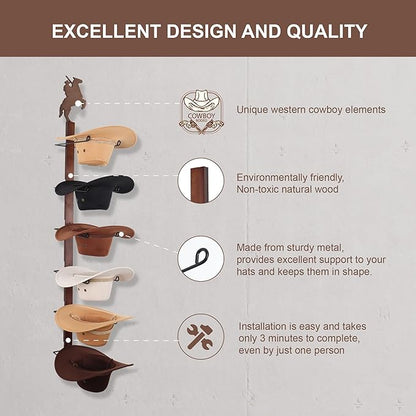 Cowboy Hat Rack Holder for Wall - Wild Western Style Design Hat Organizer with 6 Hat Hooks for Wall Mount, Hat Stand and Hanger for Storage and Organization，Gifts for Men Fathers Dad