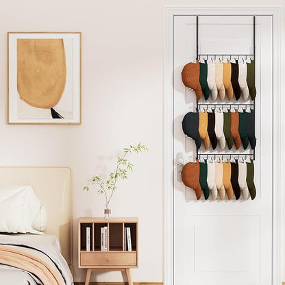 HapiRm Over Door Hat Rack - 3 Tier Wall Mounted Hat Organizer with 24 Hooks, Baseball Cap Organizer Storage Holds up to 24 Caps for Door, Bedroom, Closet
