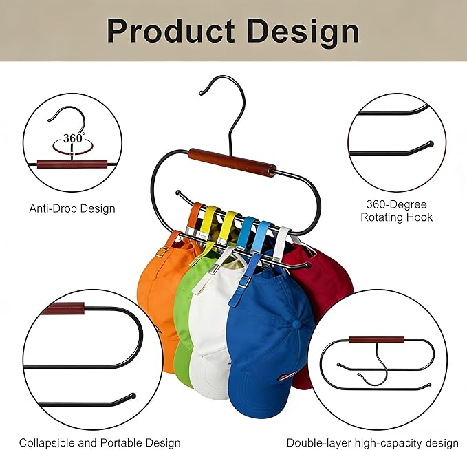 Hat Hangers for Closet, Hat Hanger for Baseball Caps, Double-Layer Rotatable Space-Saving, Versatile Iron-Wood Hat Rack for Home & Dorm Storage, 2 Packs