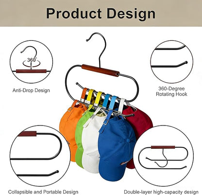 Hat Hangers for Closet, Hat Hanger for Baseball Caps, Double-Layer Rotatable Space-Saving, Versatile Iron-Wood Hat Rack for Home & Dorm Storage, 2 Packs
