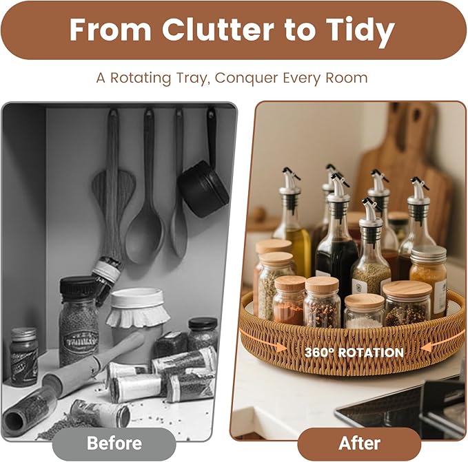 12 Inch Rattan Lazy Susan Organizer for Cabinet, Round Rotating Wicker Turntable Serving Tray with Handles for Kitchen Counter, Coffee Table
