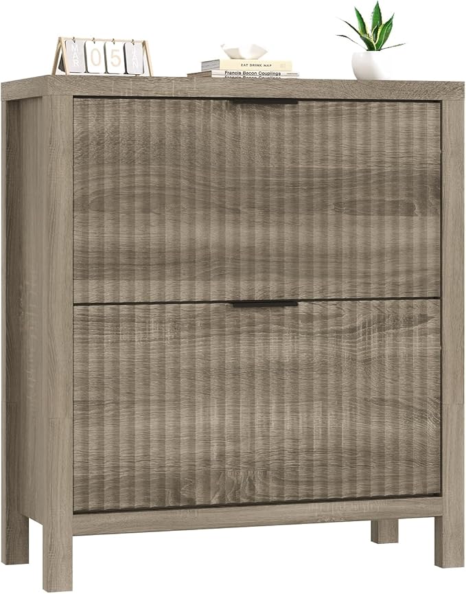 YOMILUVE Shoe Cabinet Storage for Entryway, Fluted Shoe Cabinet with 2 Flip Drawers, Hidden Shoe Rack Tall Freestanding Shoe Organizer with Legs for Hallway, Gray