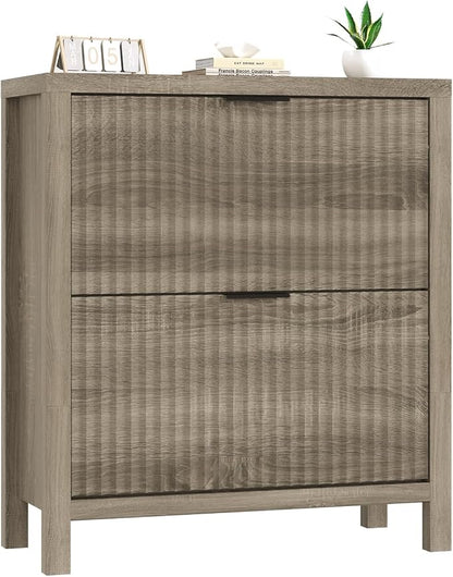 YOMILUVE Shoe Cabinet Storage for Entryway, Fluted Shoe Cabinet with 2 Flip Drawers, Hidden Shoe Rack Tall Freestanding Shoe Organizer with Legs for Hallway, Gray
