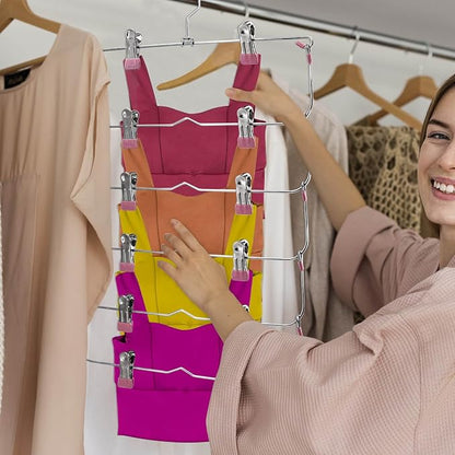 Skirt Pants Hangers with Clips,6Tier Skirt Hangers Space Saving,Metal Multi Pants Hangers and Storage Multi Clothes Shorts Hanger Organization,Space Saving Hangers with Clips (Pink, 2-Piece Set)