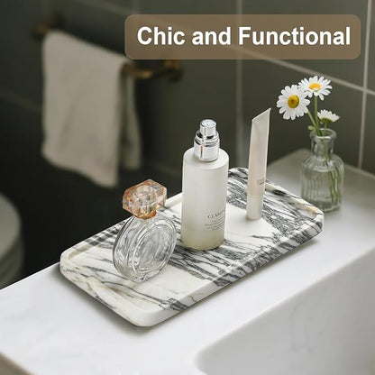 Natural Marble Vanity Tray - Moujings Genuine Marble Perfume Tray for Bathroom Decor, Stone Bathroom Vanity Organizer Tray for Kitchen Counter, Candles, Jewelry, Coffee, Makeup, Key