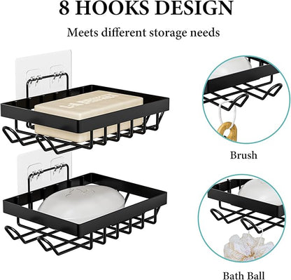Vowupt Soap Bar Holder for Shower with 8 Hooks, Set of 2 Bar Soap Dish for Bathroom, Self Draining Shower Soaps Holder, Adhesive Soaps Saver Soap Tray Stand for Bathroom Accessories(Black)