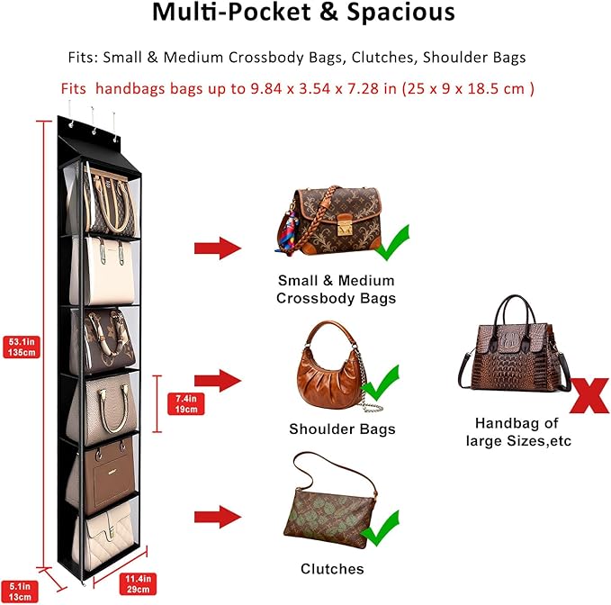 Lirex Over The Door Purse Organizer & Purse Shelf for Closet – Handbag Storage Organizer with Purse Hanger. Perfect for Scarves, Hats, and Leggings. S (11.8'' x 5'' x 51.6''), Black