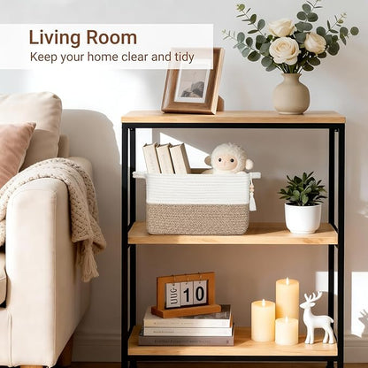 Mkono Woven Storage Basket, Cube Cotton Rope Basket for Shelves, Clothes, Toys, Towels, Books, Rectangle Bin with Handles for Organizing, Decorative Gift, 13'' x 10'' x 9'', Brown and White (1 Pack)