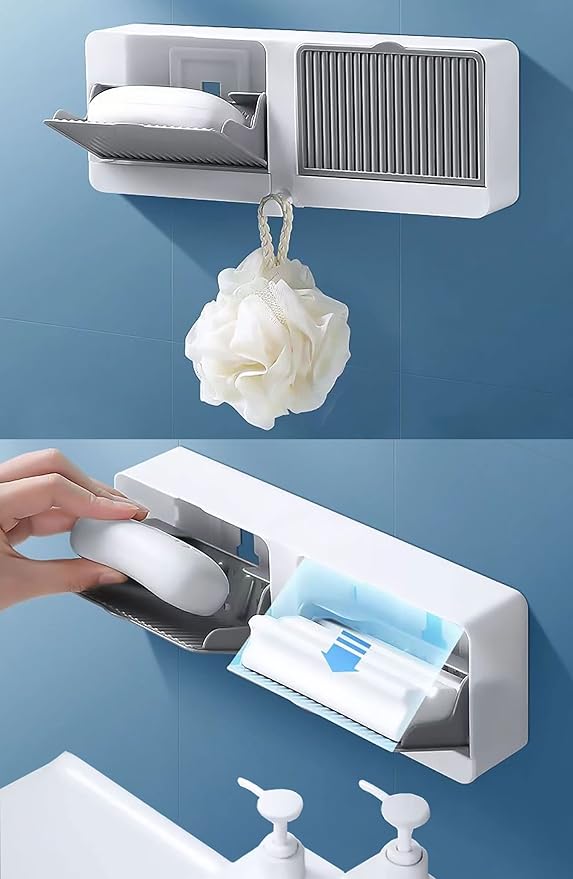 [Dual-Room] Dust-Proof Soap Holder for Shower Wall, Adhesive Wall-Mounted Bar Soap Dish, No-Drill Plastic Soap Saver with Drain, xicveiuz White-Grey