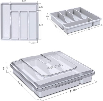 Utensil Holder for Countertop with Lid, Plastic Silverware Tray for Drawer, 5 Compartments Flatware Organizer, White