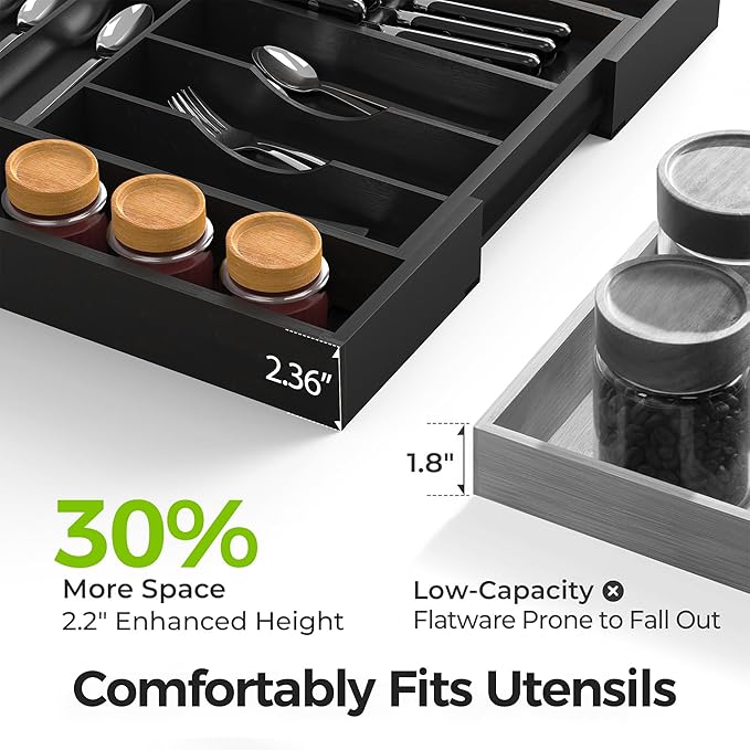 Bamboo Kitchen Drawer Organizer, Expandable Silverware Organizer with Removable Knife Block, 6-8 Slots- Utensil Holder & Cutlery Tray Drawer Dividers, 2.36" Deep for Extra Capacity, Black