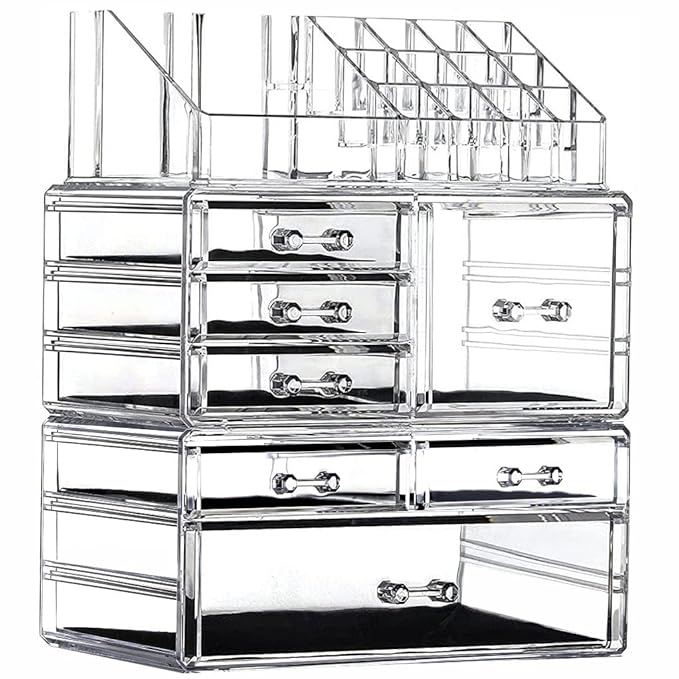 Clear Acrylic Makeup Organizer for Vanity,Countertop,Stackable 7 Drawers Bathroom Skincare Organizer with Brush Holder,Large Skin Care Organizer for Jewelry,Beauty Product Lipsticks,Nail Polishes