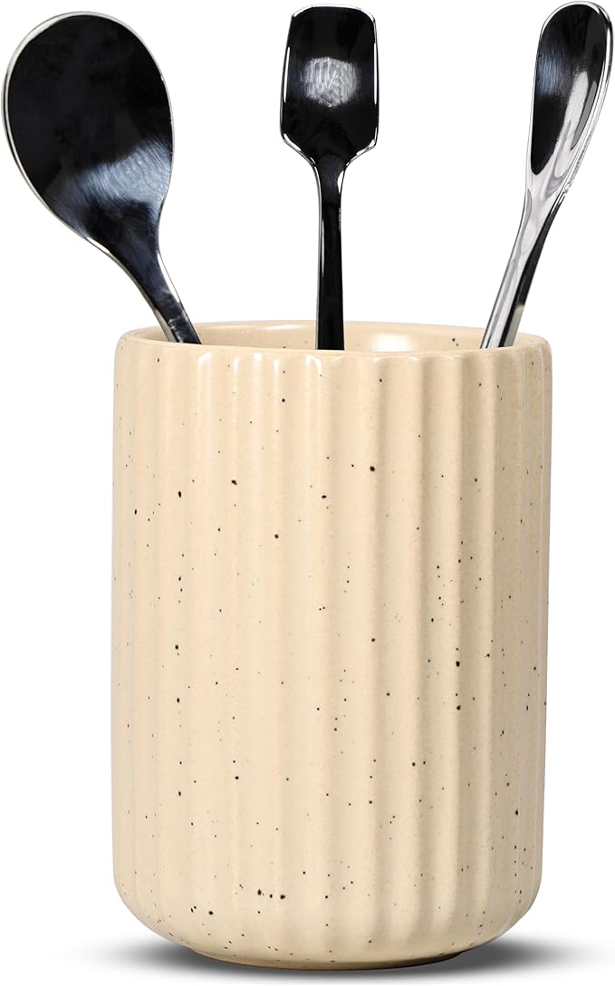 Ceramic Spoon Holder for Coffee Bar, Upright Tea Spoon Holder Cup, Coffee Stirrers Straws Stir Stick Holder, Spotted Beige Fluted Surface