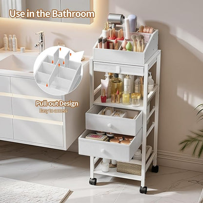 Luxspire Makeup Organizer Cart, Floor Skincare Organizers, Makeup Storage with Drawers, Vanity Organizer Cosmetics Display Cases Holder for Skin Care Perfume Nail Polish Makeup Brush Hair Tool, White