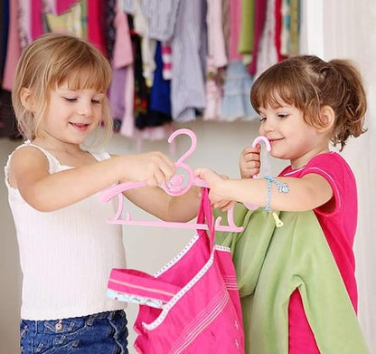 HGYZE Kids Hangers 11"-14" Adjustable Plastic Baby Girl Hangers 20 Pack, Toddler Bear Hanger for Children's Clothes Sweaters, Infant Hangar for Closet with Non-Slip Shoulder Grooves & Pants Bar, Pink