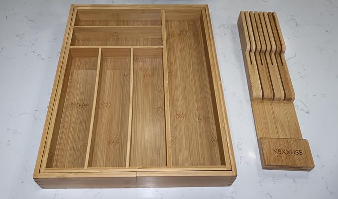 Nexxuss Bamboo Kitchen Drawer Organizer, Expandable Utensil Organizer with Removable Knife Block, Cutlery Tray Holder with Divider, Adjustable Silverware Organizer, Wood Tableware Dividers Storage