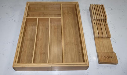 Nexxuss Bamboo Kitchen Drawer Organizer, Expandable Utensil Organizer with Removable Knife Block, Cutlery Tray Holder with Divider, Adjustable Silverware Organizer, Wood Tableware Dividers Storage